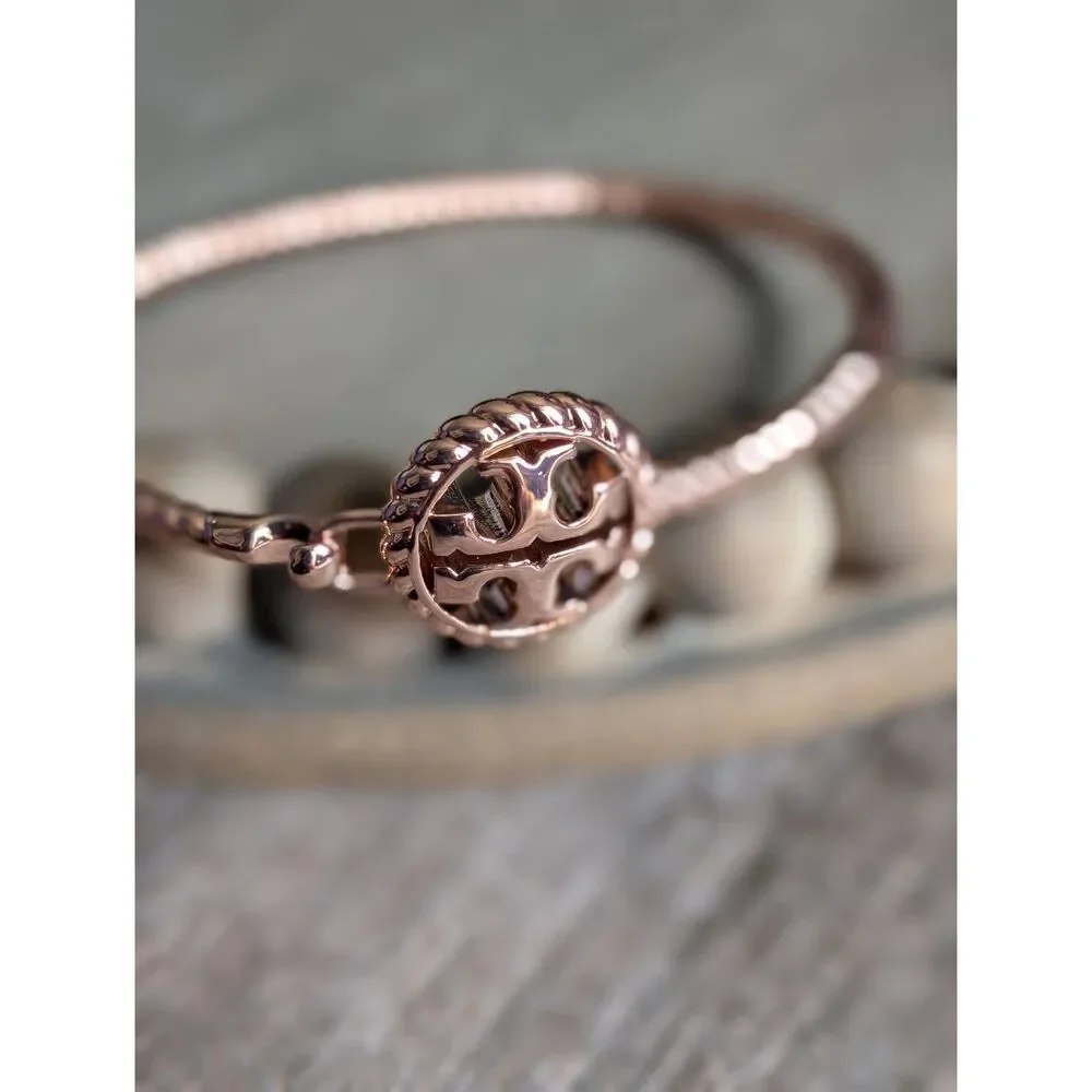 TORY BURCH Rose Gold Rope Logo Hinged Cuff Bangle